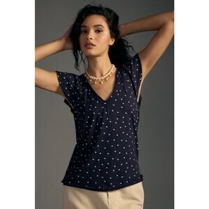 nwt ANTHROPOLOGIE sz M Catie Ruffle Sleeved Tee in Sapphire polka dot motif